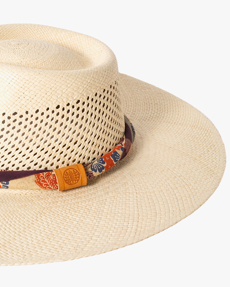 Kiriko Custom Panama Hat, Straw, Braided Indigo Katazome, Shades of Burgundy, Orange, and Blue Plaid