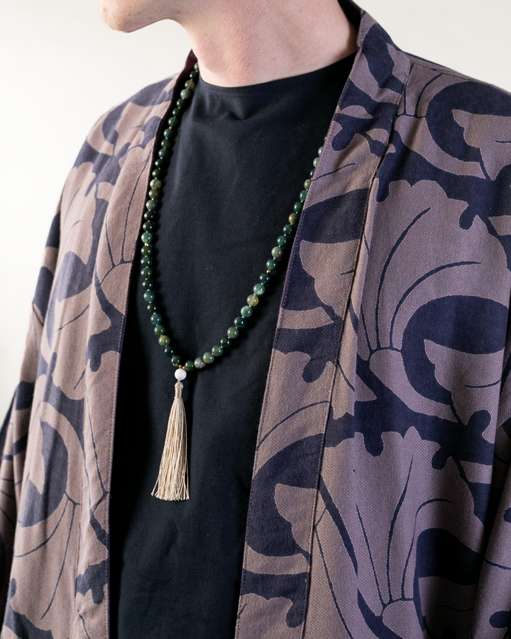 Wa-Modern Haori Robe, Sou Rai, Black with Mauve Ginkgo Leaves