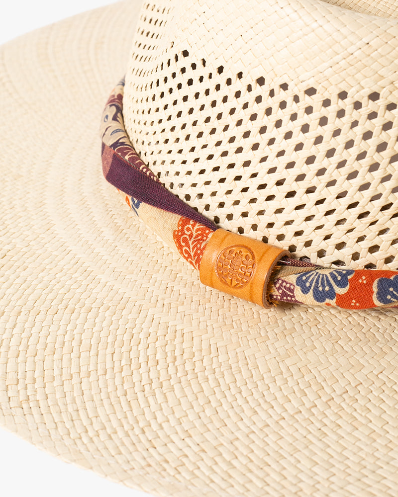 Kiriko Custom Panama Hat, Straw, Braided Indigo Katazome, Shades of Burgundy, Orange, and Blue Plaid