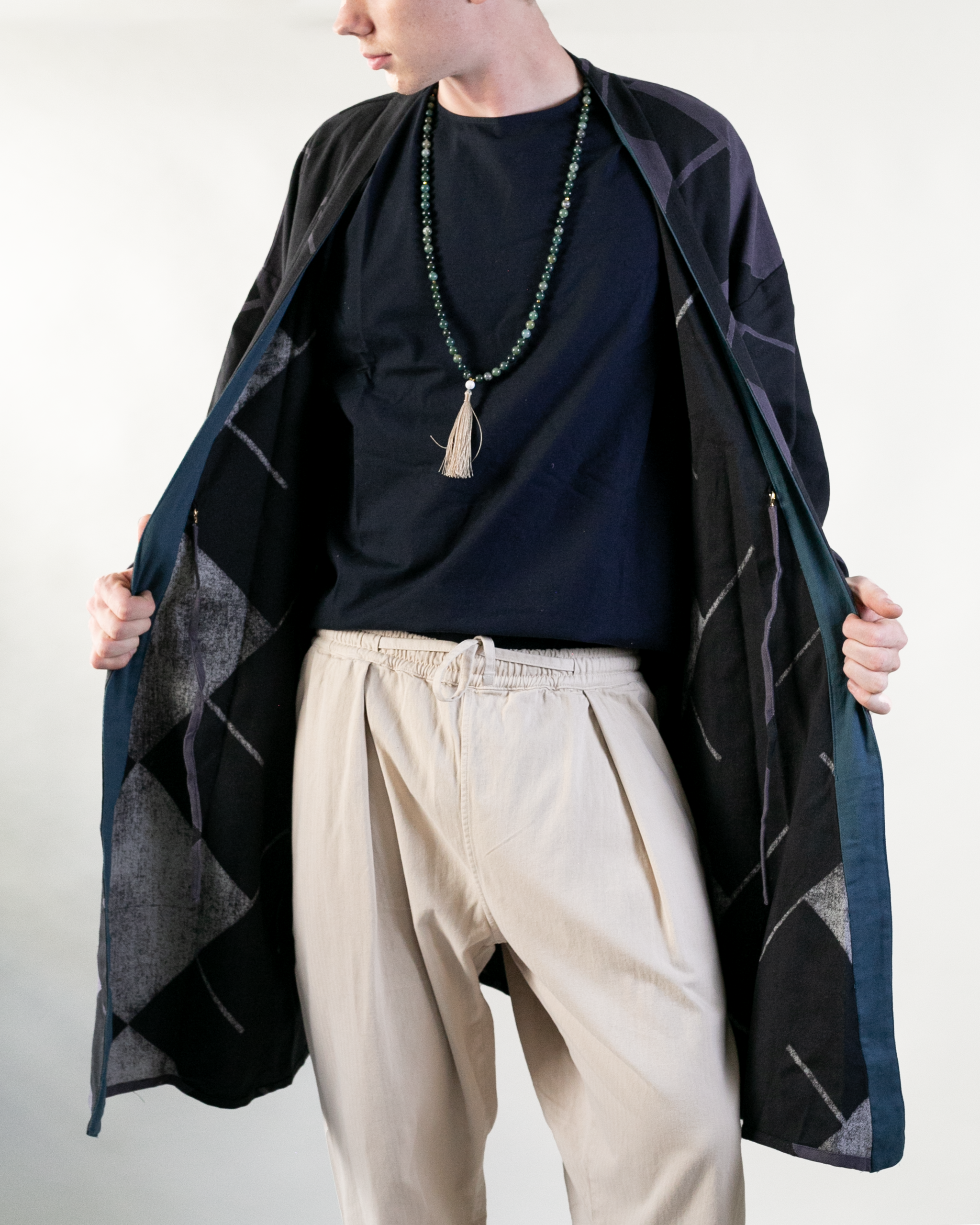 Wa-Modern Haori Robe, Dark Purple and Black Manji – Kiriko Made