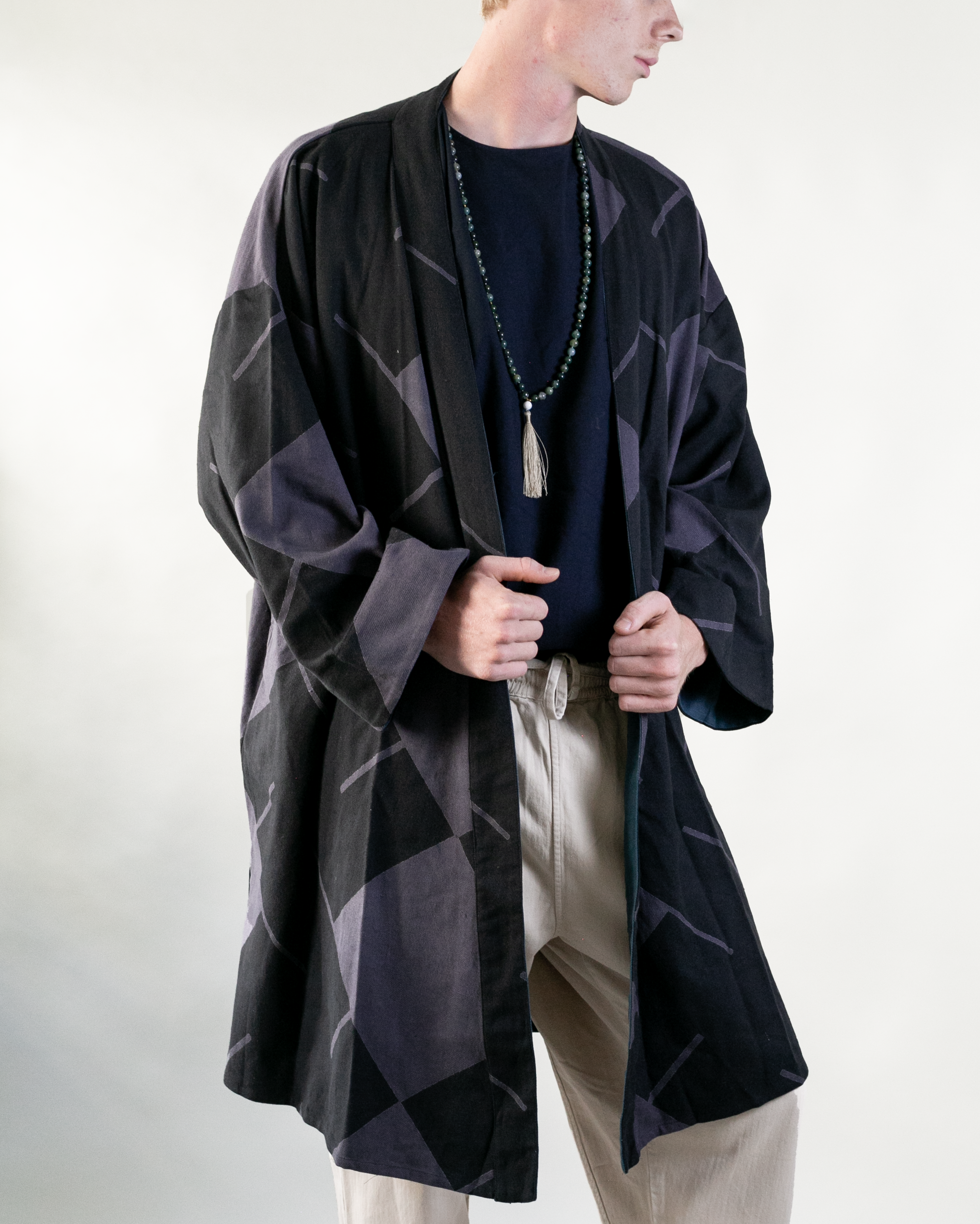 Wa-Modern Haori Robe, Dark Purple and Black Manji – Kiriko Made