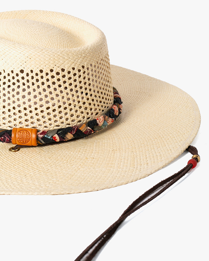 Kiriko Custom Panama Hat, Straw, Braided Shades of Burgundy and Orange Floral and Plaid