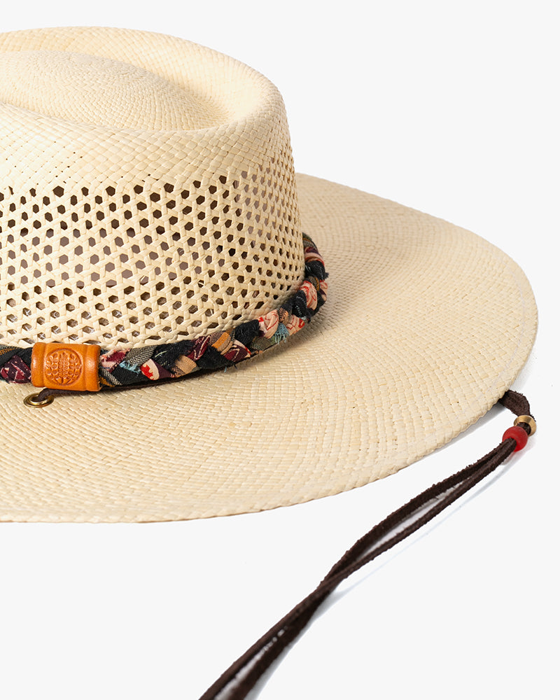 Kiriko Custom Panama Hat, Straw, Braided Shades of Burgundy and Orange Floral and Plaid