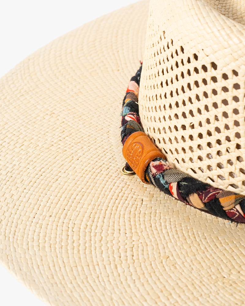 Kiriko Custom Panama Hat, Straw, Braided Shades of Burgundy and Orange Floral and Plaid