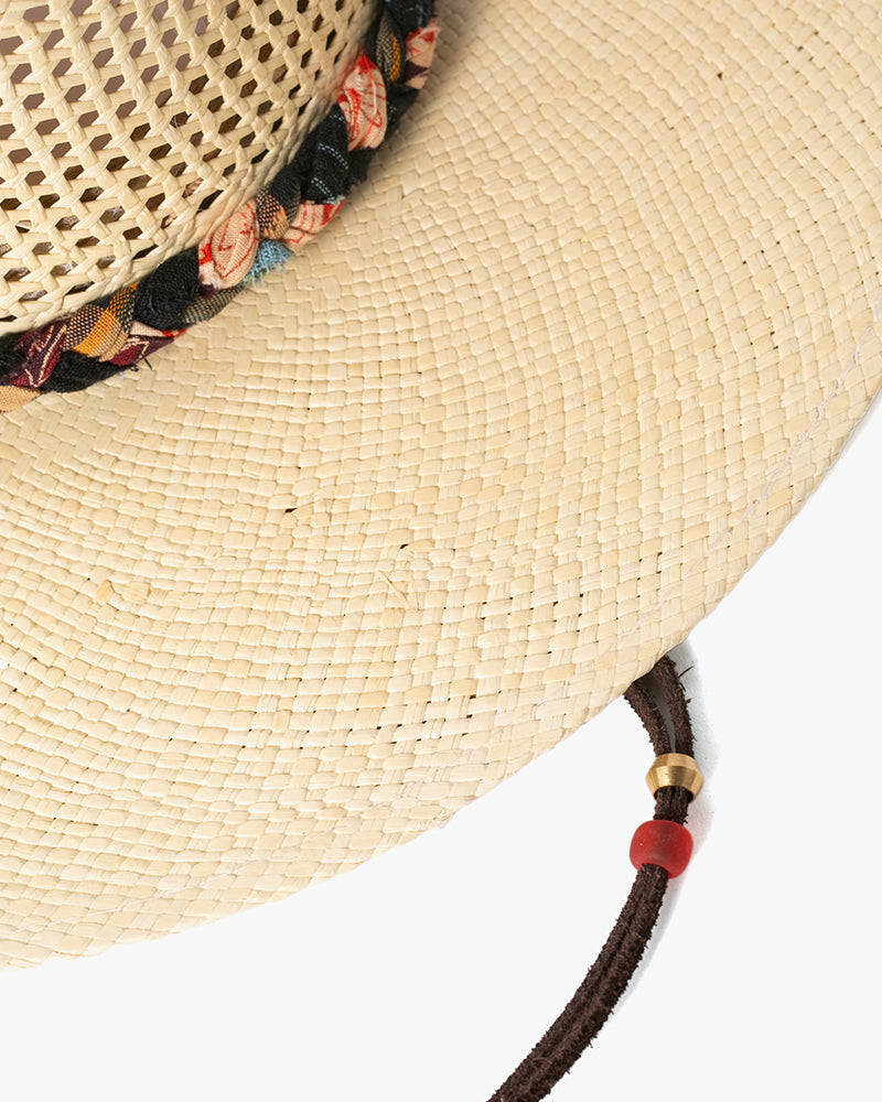 Kiriko Custom Panama Hat, Straw, Braided Shades of Burgundy and Orange Floral and Plaid