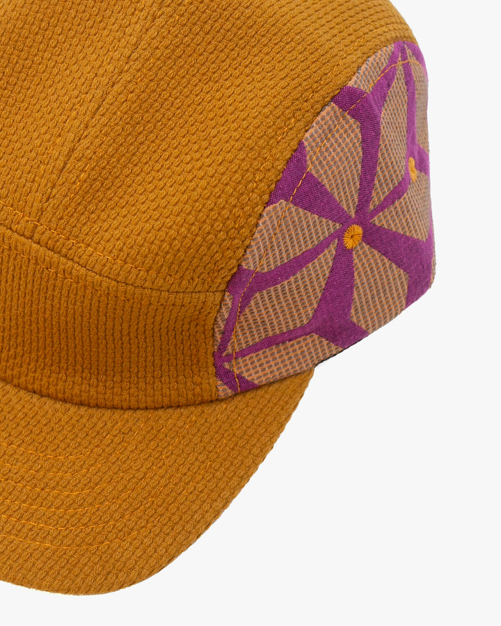 Kiriko Original Cap, 5-Panel, Two Tone, Mustard Sashi-Ori with Fuchsia Asanoha French Jacquard