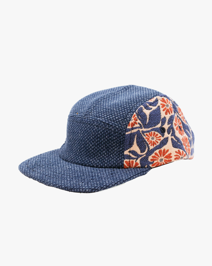 Kiriko Original Cap, 5-Panel, Two Tone, Washed Indigo Sashi-Ori with Orange Chrysanthemum French Jacquard