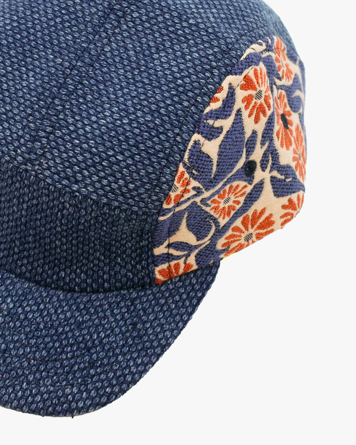 Kiriko Original Cap, 5-Panel, Two Tone, Washed Indigo Sashi-Ori with Orange Chrysanthemum French Jacquard