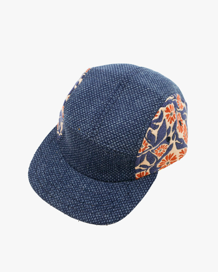 Kiriko Original Cap, 5-Panel, Two Tone, Washed Indigo Sashi-Ori with Orange Chrysanthemum French Jacquard