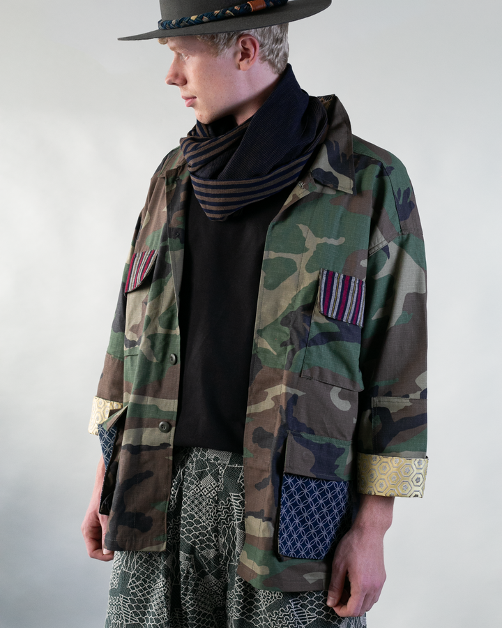 Kiriko Custom Military Jacket, Camo Patched, Multi-Color Shima and Shippou