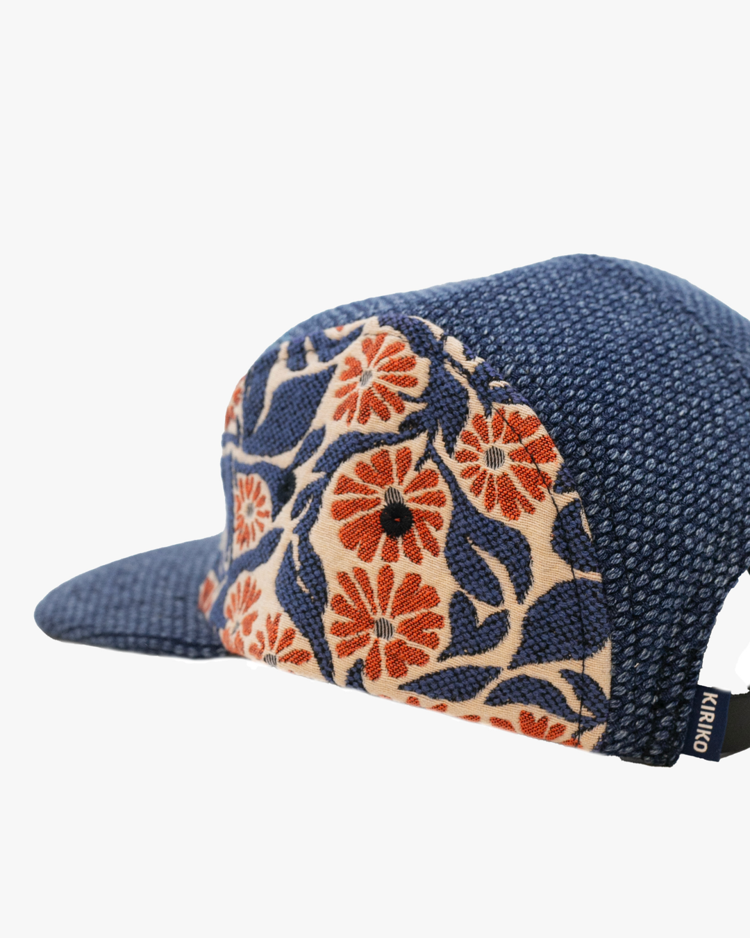 Kiriko Original Cap, 5-Panel, Two Tone, Washed Indigo Sashi-Ori with Orange Chrysanthemum French Jacquard