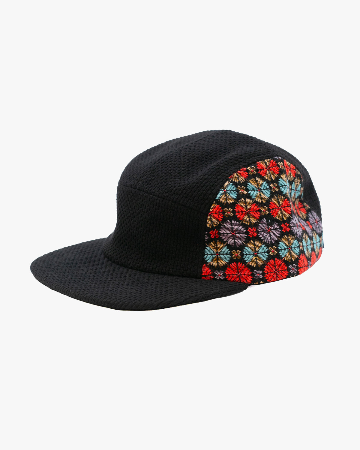 Kiriko Original Cap, 5-Panel, Two Tone, Black Sashi-Ori with Multicolor Chrysanthemum French Jacquard