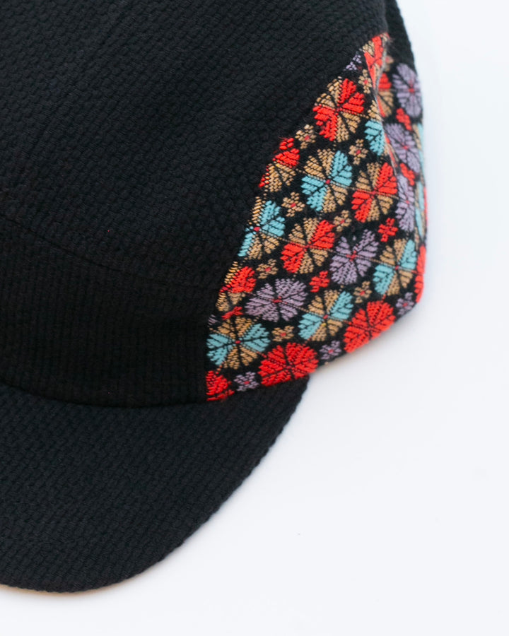 Kiriko Original Cap, 5-Panel, Two Tone, Black Sashi-Ori with Multicolor Chrysanthemum French Jacquard
