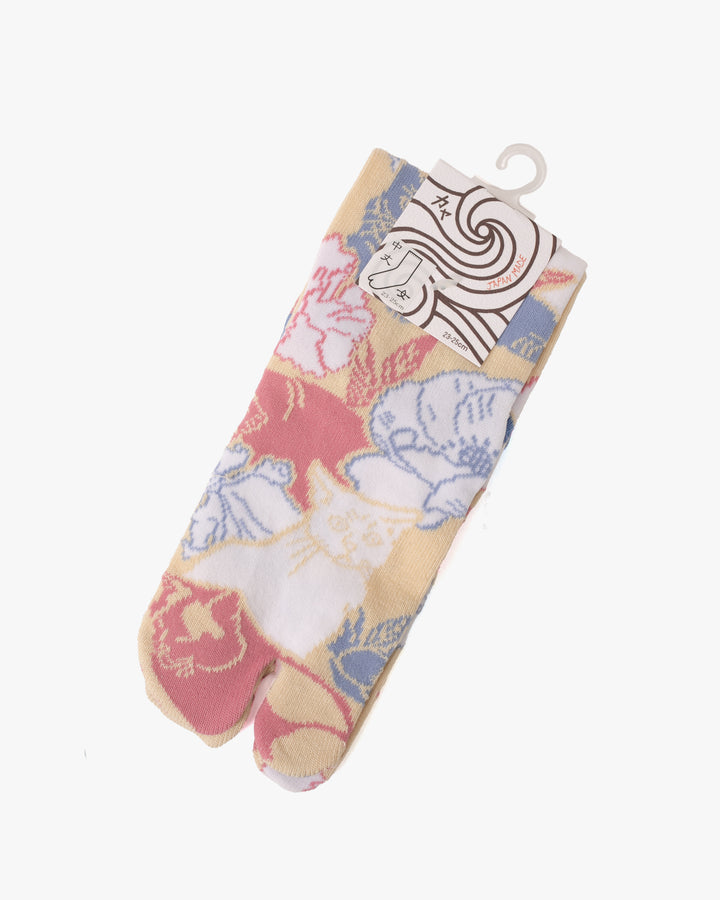 Wa Modern, Tabi Socks, Crew, Cat and Flowers, Yellow (S/M)