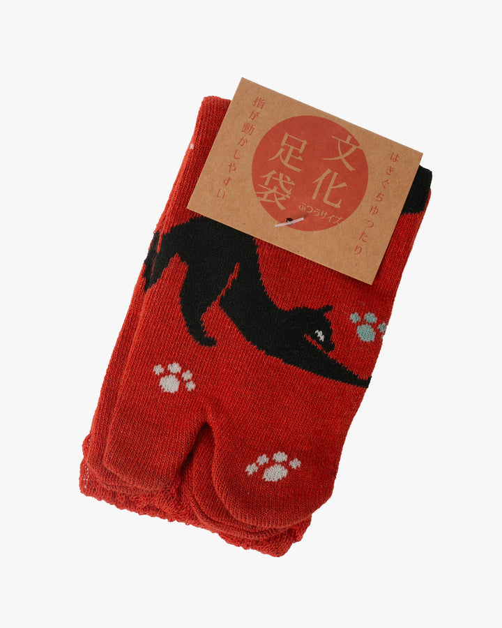 Kurochiku, Tabi Socks, Crew, Red with Black Cats and Paw Prints- S/M