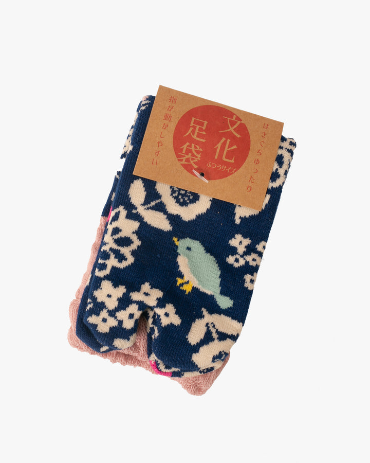 Kurochiku, Tabi Socks, Crew, Blue with Bird and Flowers- S/M