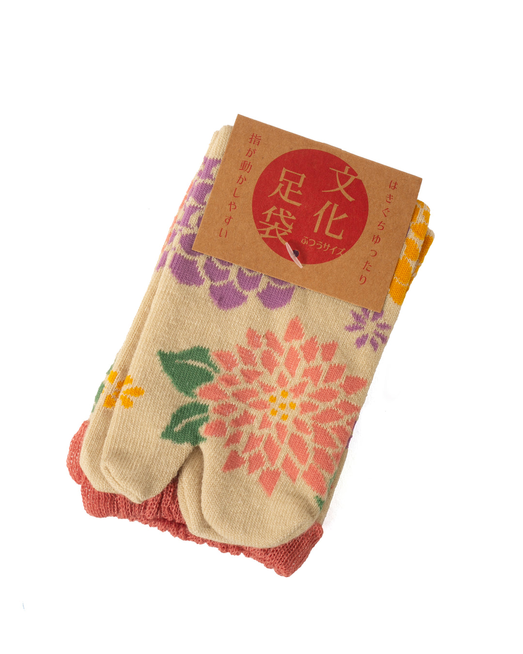 Kurochiku, Tabi Socks, Crew, Beige with Pink, Yellow and Purple Chrysanthemum - S/M