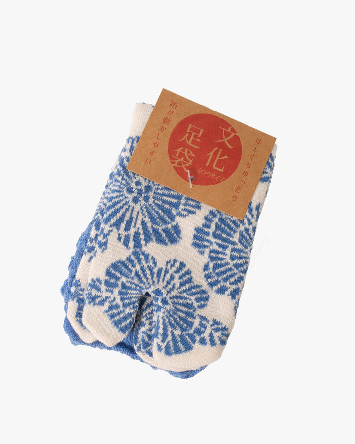 Kurochiku, Tabi Socks, Crew, White with Blue Flowers and Frills- S/M