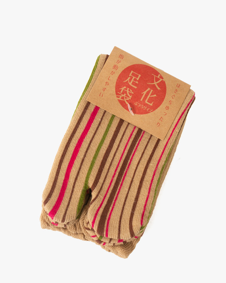 Kurochiku, Tabi Socks, Crew, Beige with Brown, Green and Pink Shima- S/M