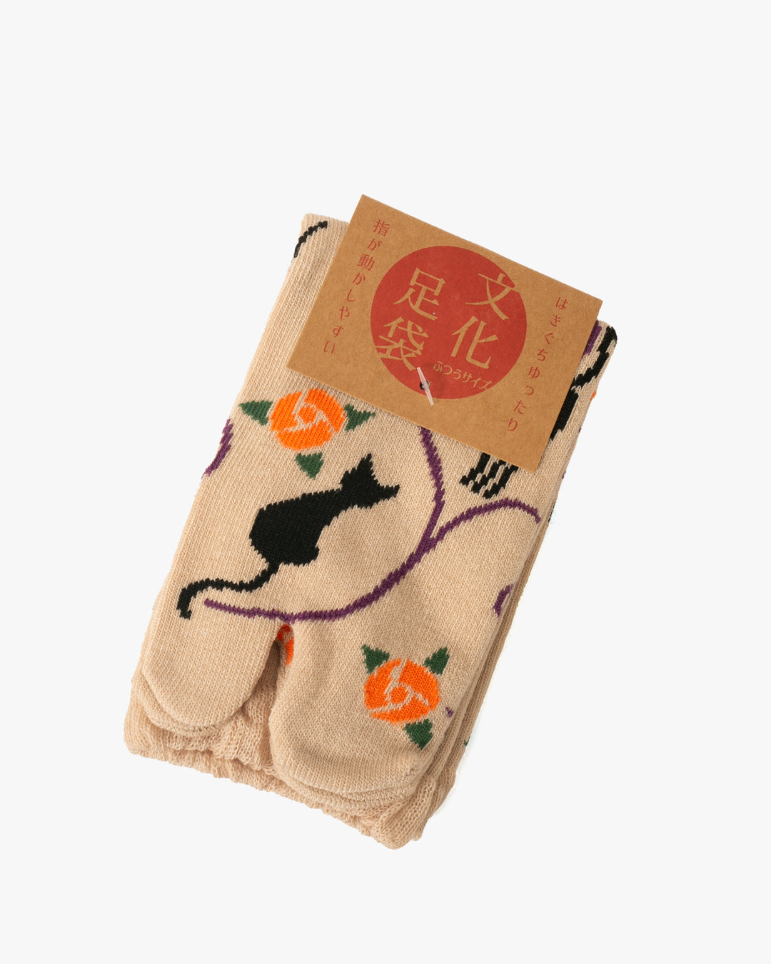 Kurochiku, Tabi Socks, Crew, Beige with Black Cat and Orange Flowers- S/M