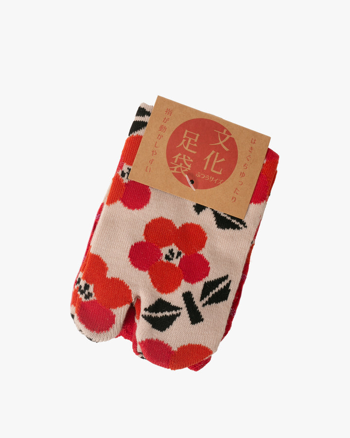 Kurochiku, Tabi Socks, Crew, Beige with Orange and Pink Flowers - S/M