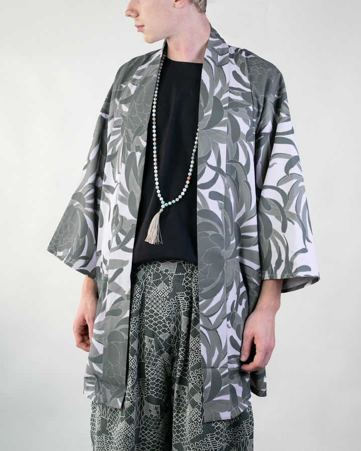 Wa-Modern Haori Robe, Grey Flower Pattern