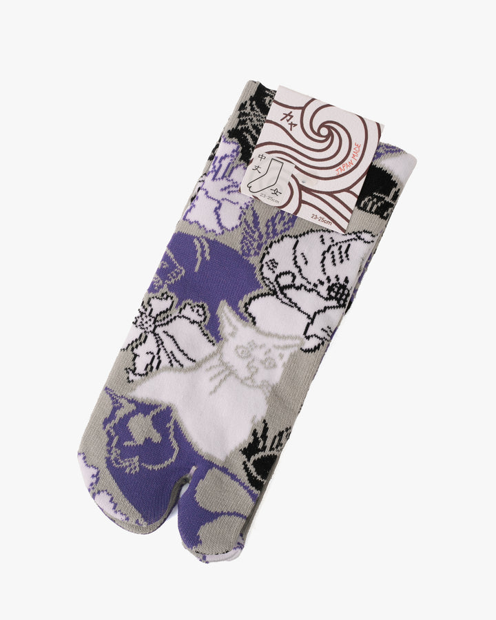 Wa Modern, Tabi Socks, Crew, Cat and Flowers, Purple (S/M)