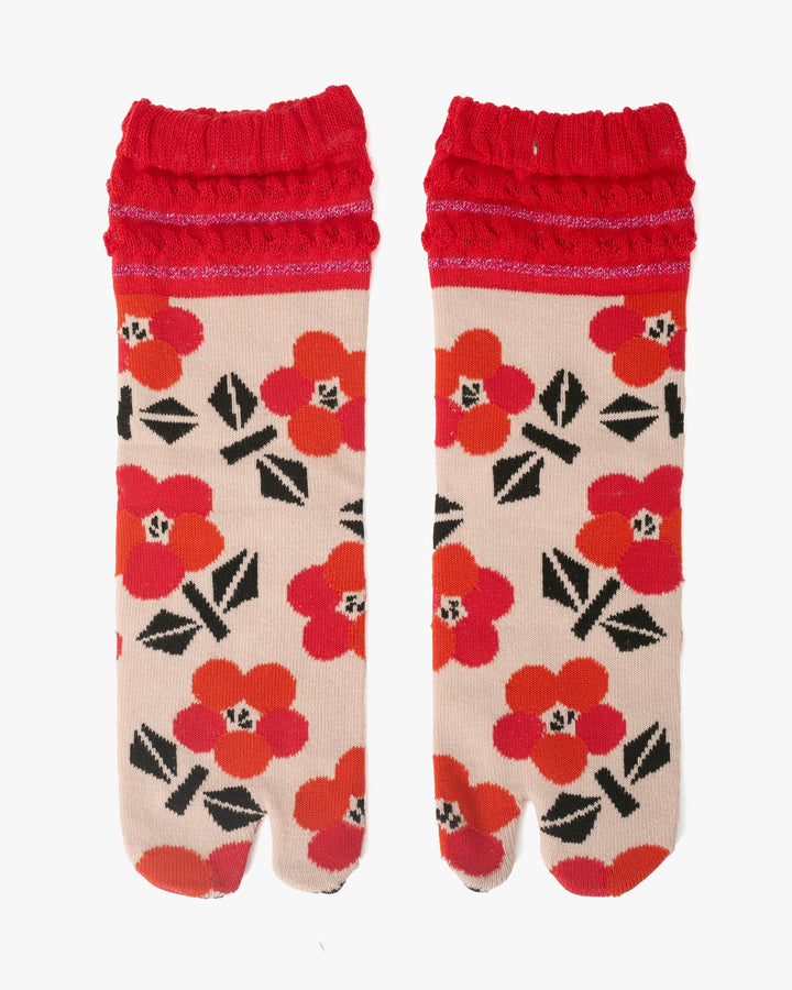 Kurochiku, Tabi Socks, Crew, Beige with Orange and Pink Flowers - S/M