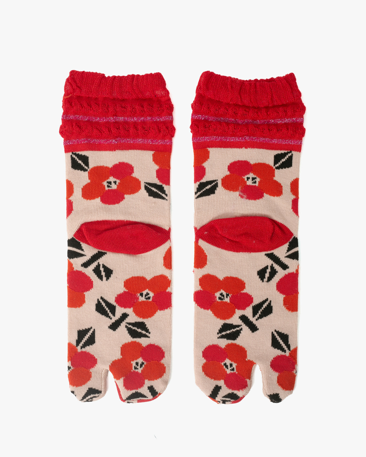 Kurochiku, Tabi Socks, Crew, Beige with Orange and Pink Flowers - S/M