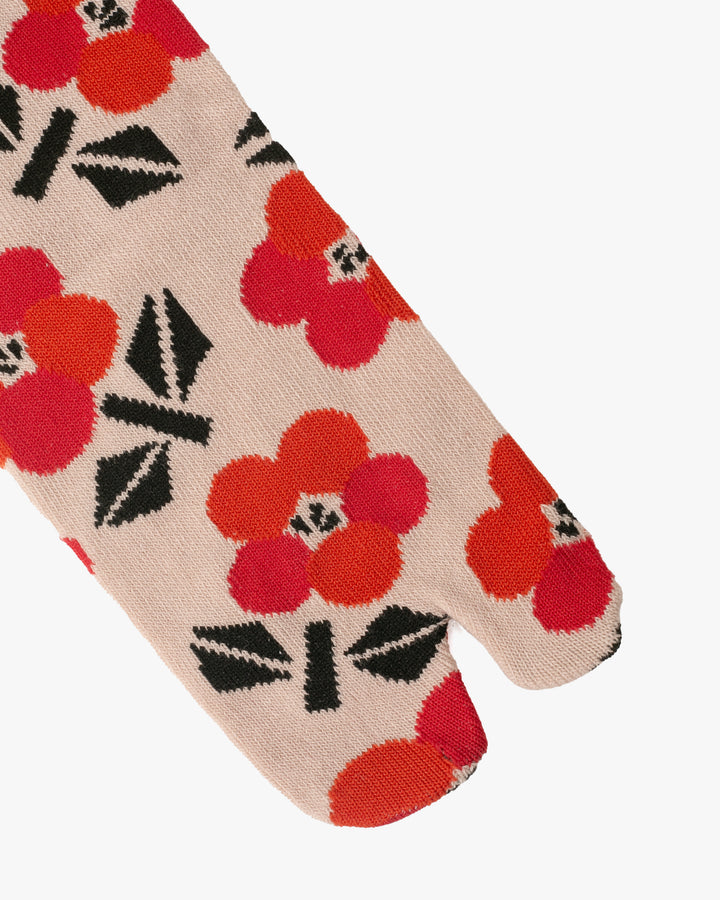 Kurochiku, Tabi Socks, Crew, Beige with Orange and Pink Flowers - S/M