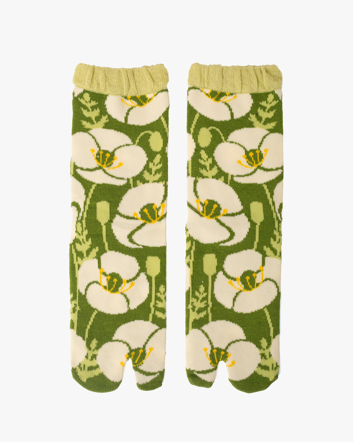 Kurochiku, Tabi Socks, Crew, Green with White and Yellow Flowers- S/M