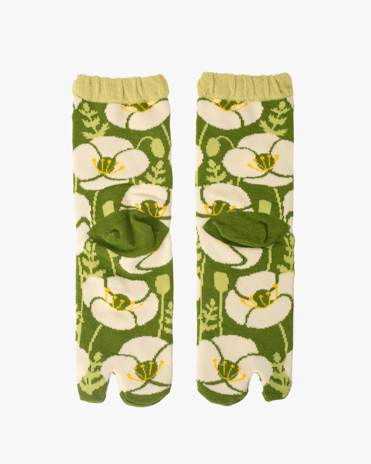 Kurochiku, Tabi Socks, Crew, Green with White and Yellow Flowers- S/M
