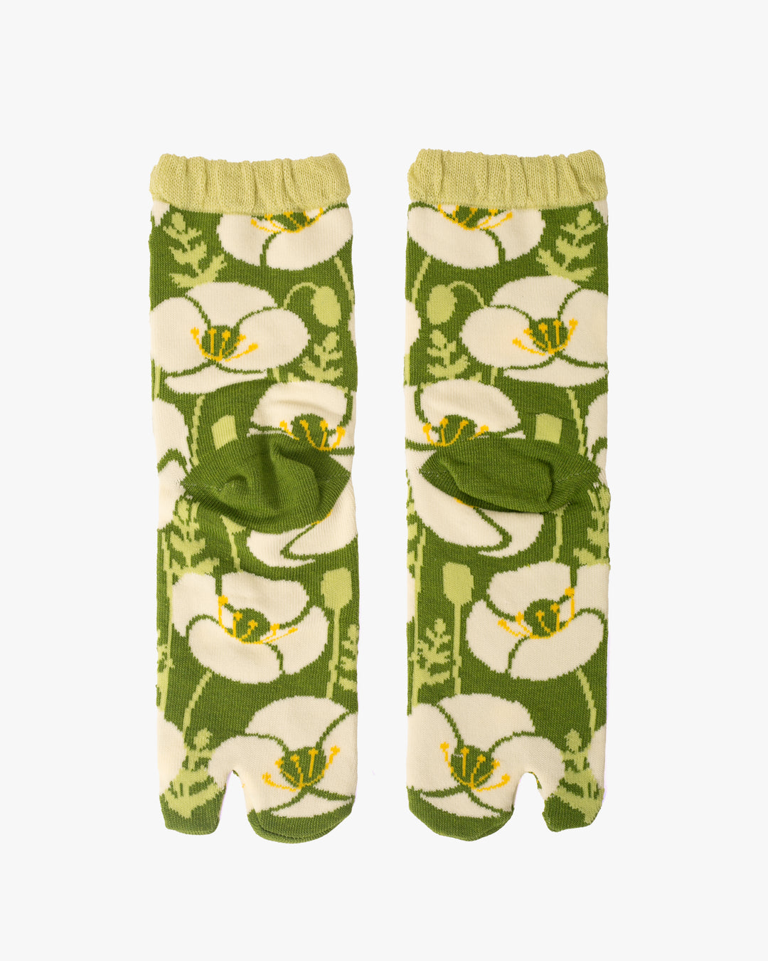Kurochiku, Tabi Socks, Crew, Green with White and Yellow Flowers- S/M