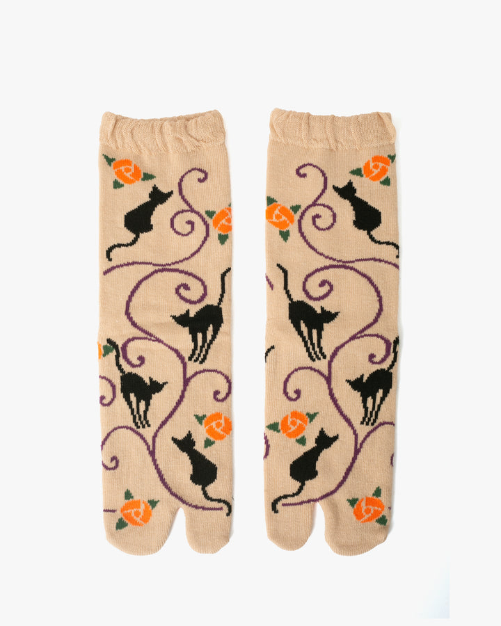 Kurochiku, Tabi Socks, Crew, Beige with Black Cat and Orange Flowers- S/M
