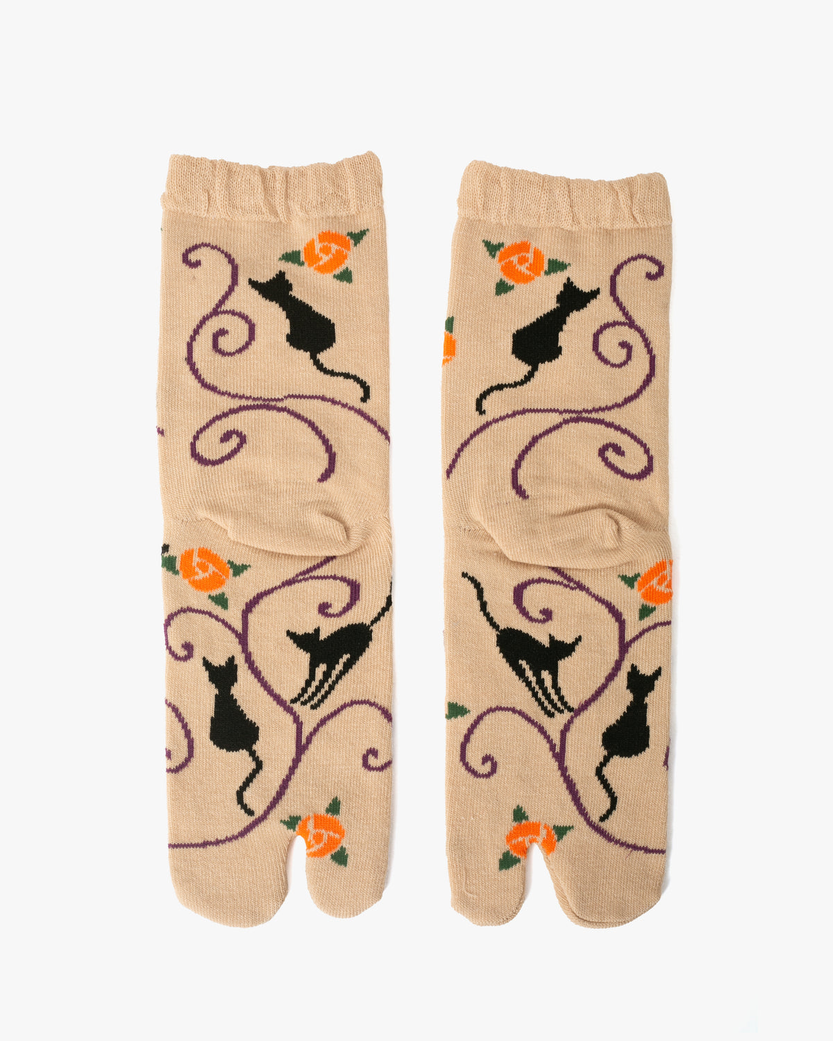 Kurochiku, Tabi Socks, Crew, Beige with Black Cat and Orange Flowers- S/M