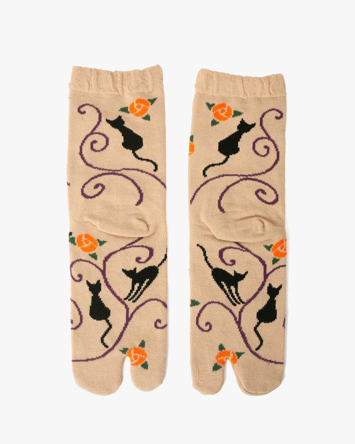 Kurochiku, Tabi Socks, Crew, Beige with Black Cat and Orange Flowers- S/M