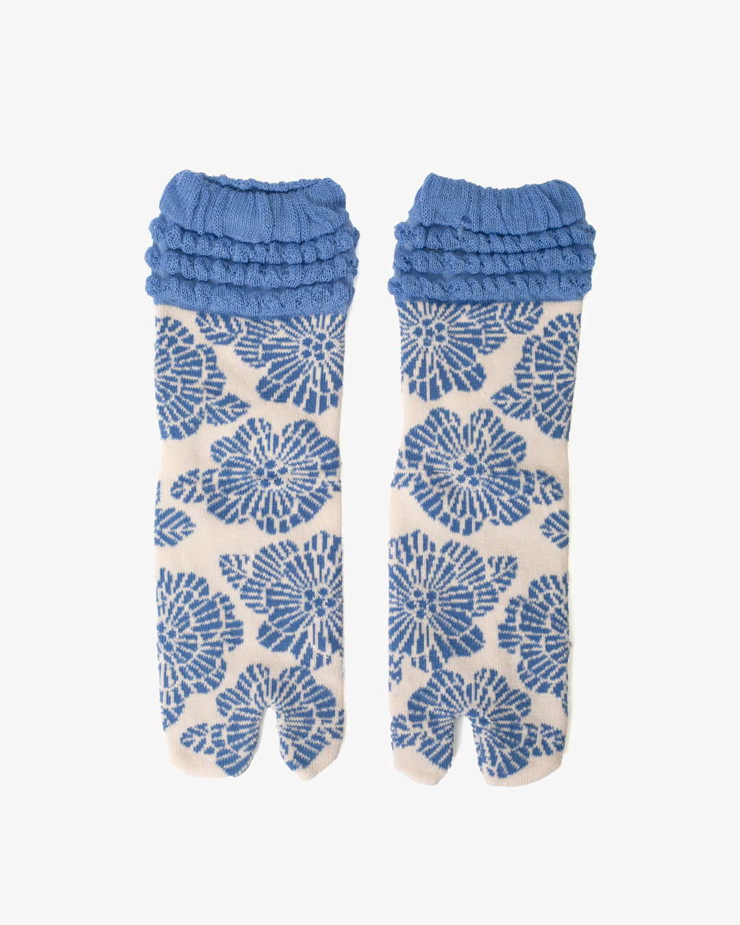 Kurochiku, Tabi Socks, Crew, White with Blue Flowers and Frills- S/M