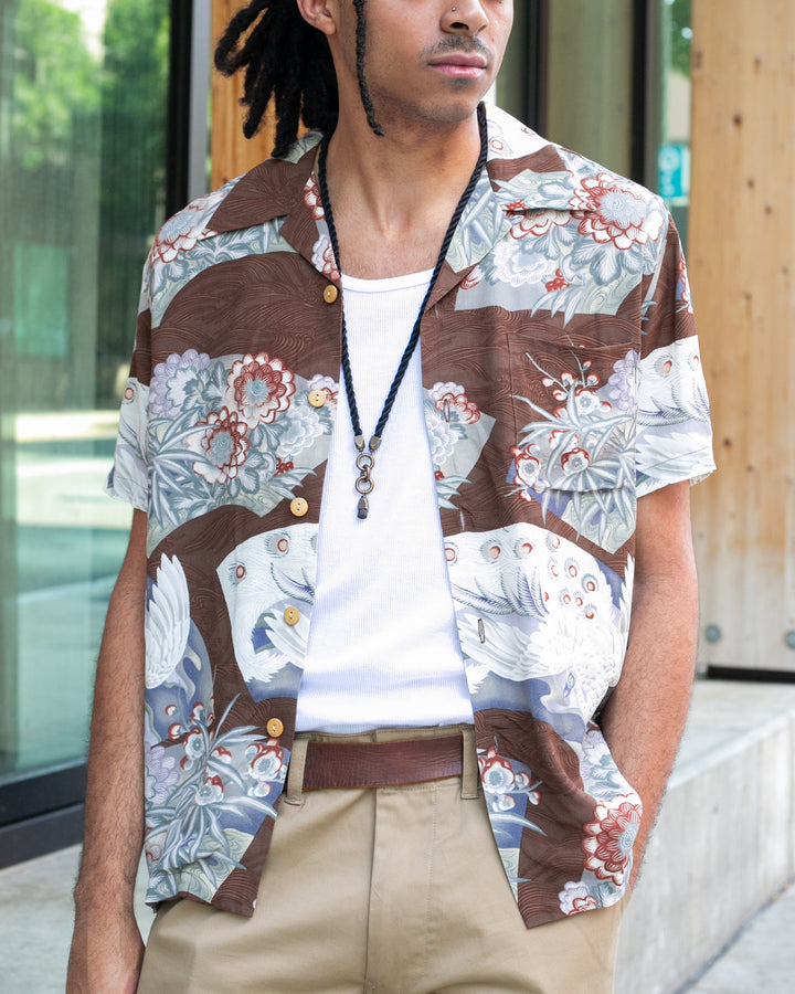 Japanese Repro, Short Sleeve Aloha Shirt, Oniwasoto Brand, Brown with Red and Silver Flowers, White Peacock