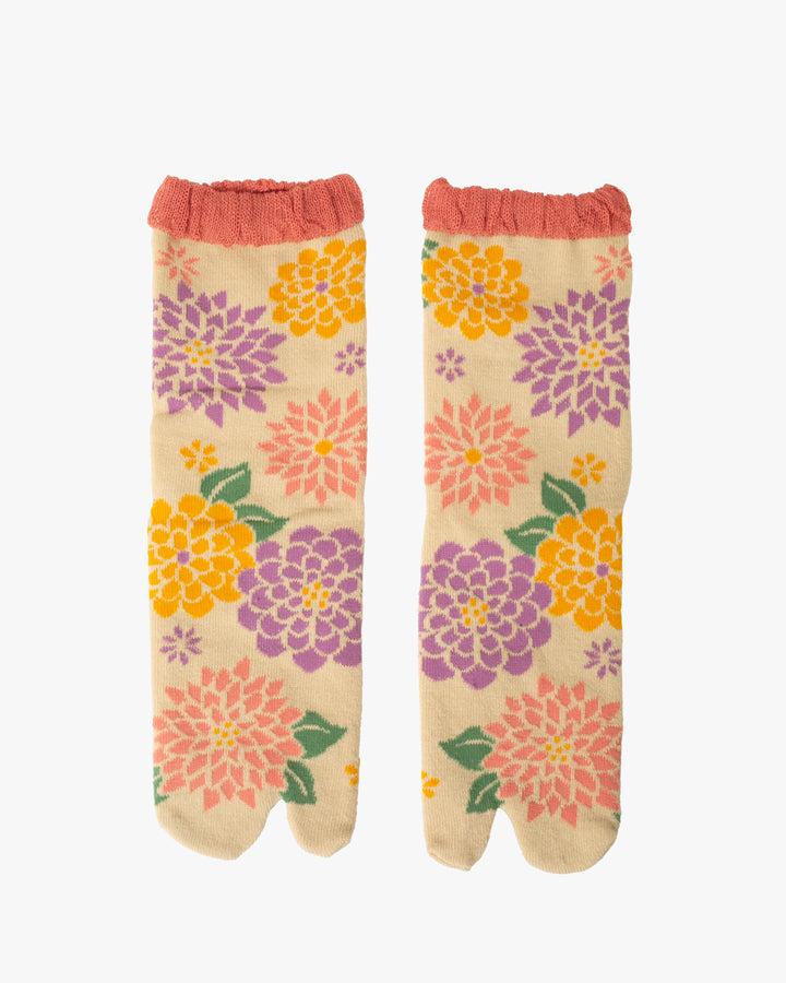 Kurochiku, Tabi Socks, Crew, Beige with Pink, Yellow and Purple Chrysanthemum - S/M