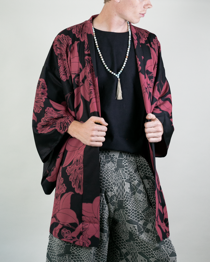 Wa-Modern Haori Robe, Red Flower Pattern