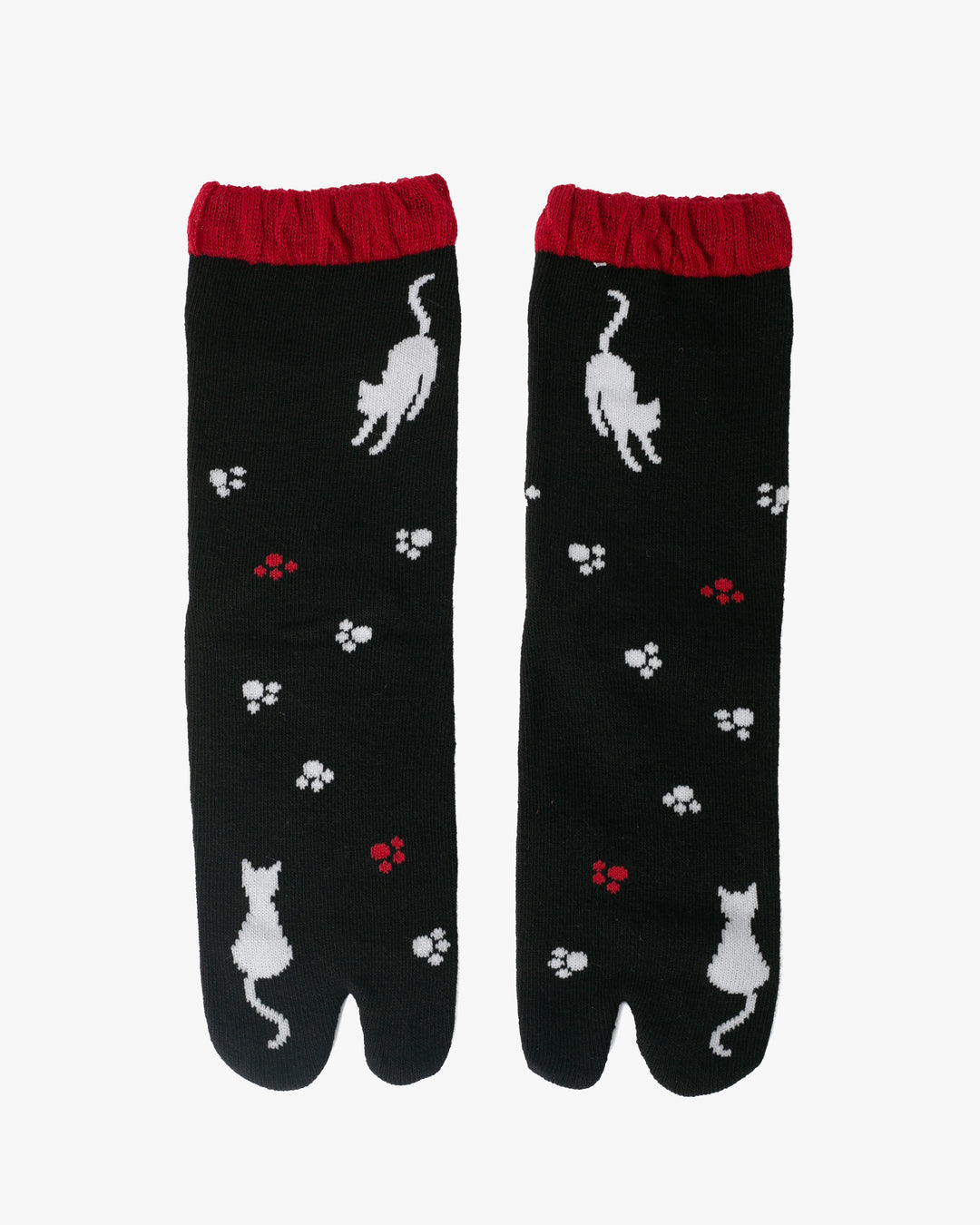 Kurochiku, Tabi Socks, Crew, Black with White Cat and Paw Prints- S/M