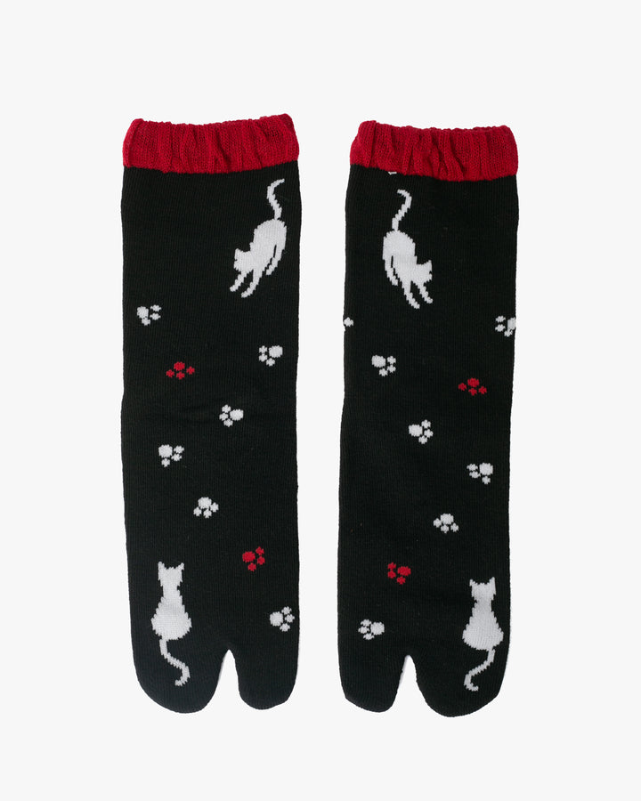 Kurochiku, Tabi Socks, Crew, Black with White Cat and Paw Prints- S/M