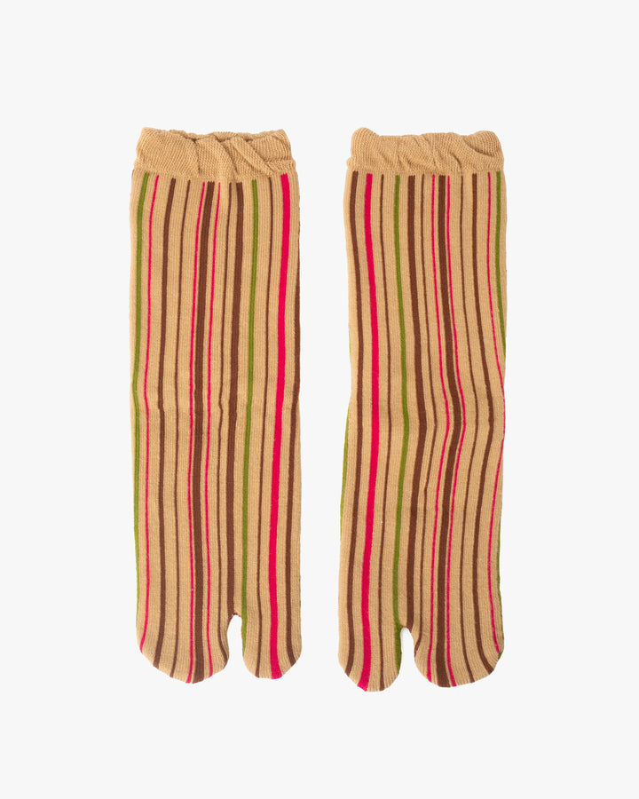 Kurochiku, Tabi Socks, Crew, Beige with Brown, Green and Pink Shima- S/M