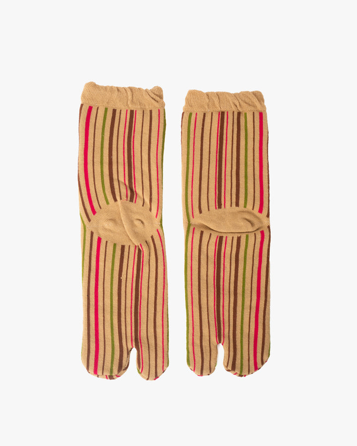 Kurochiku, Tabi Socks, Crew, Beige with Brown, Green and Pink Shima- S/M