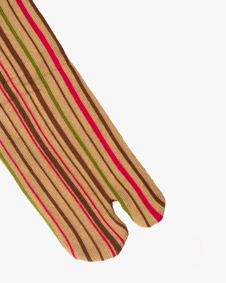 Kurochiku, Tabi Socks, Crew, Beige with Brown, Green and Pink Shima- S/M