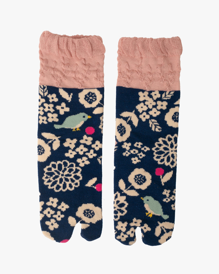 Kurochiku, Tabi Socks, Crew, Blue with Bird and Flowers- S/M