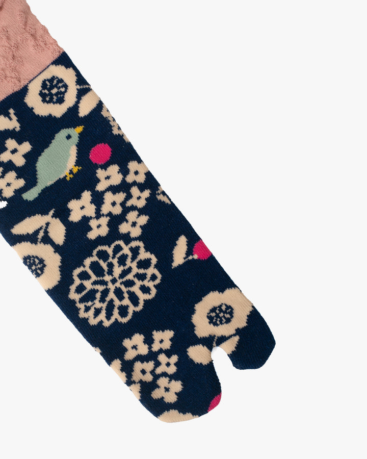 Kurochiku, Tabi Socks, Crew, Blue with Bird and Flowers- S/M