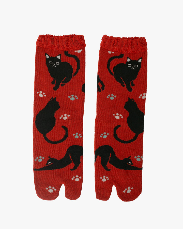 Kurochiku, Tabi Socks, Crew, Red with Black Cats and Paw Prints- S/M