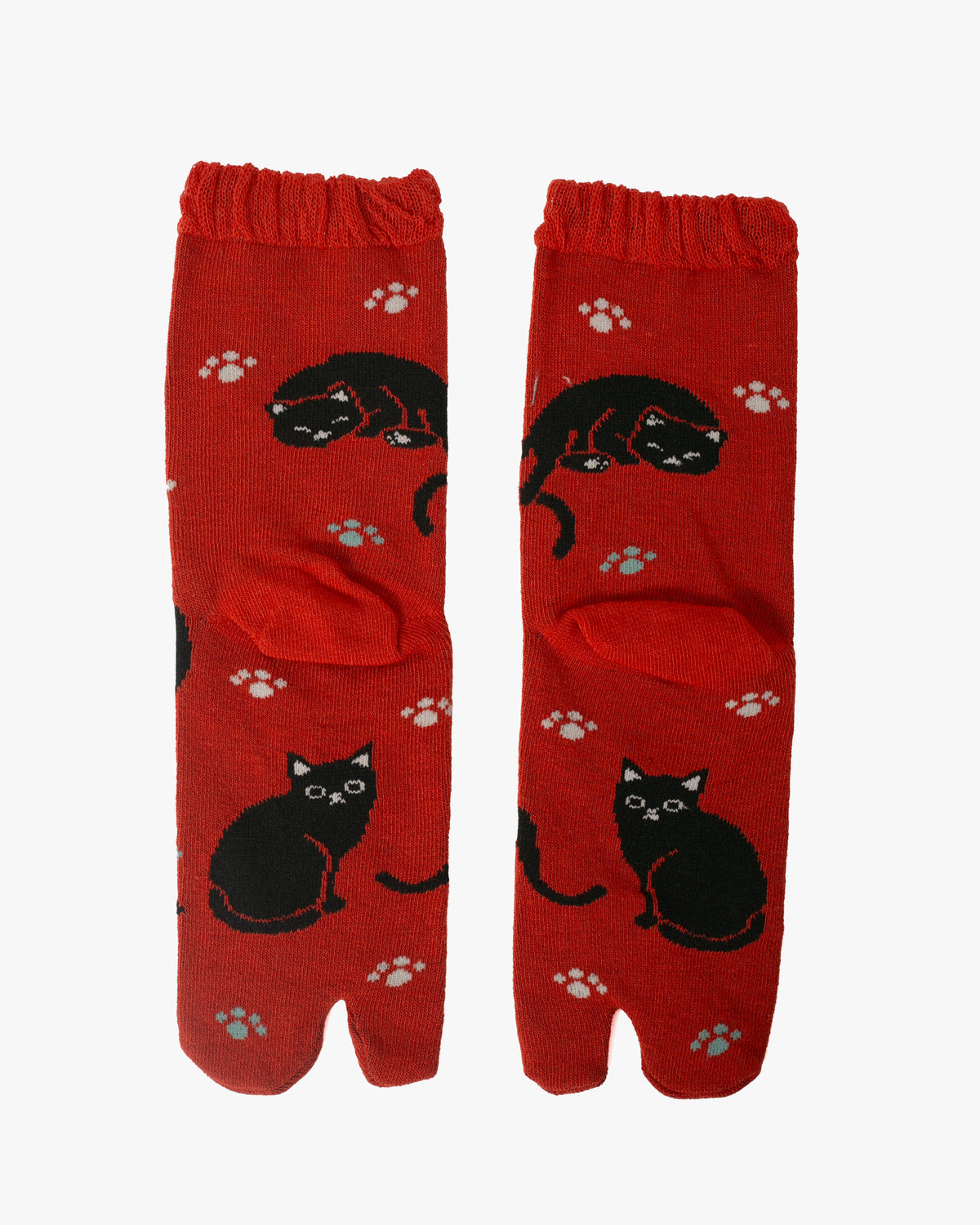Kurochiku, Tabi Socks, Crew, Red with Black Cats and Paw Prints- S/M