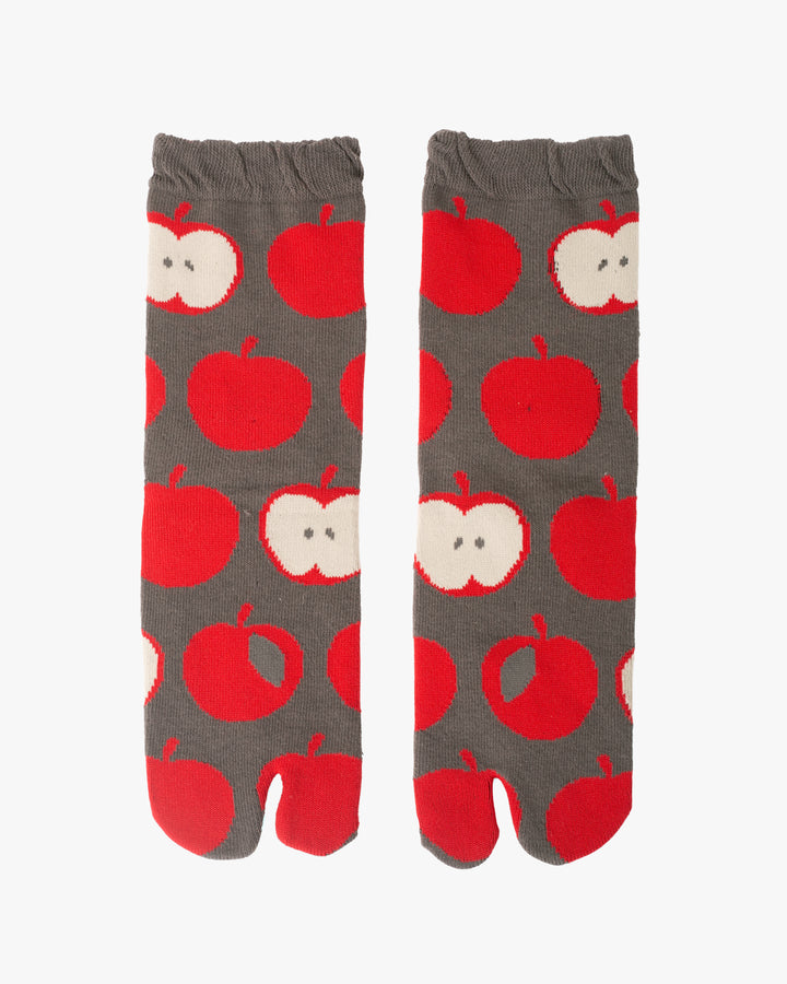 Kurochiku, Tabi Socks, Crew, Grey with Red Apples- S/M